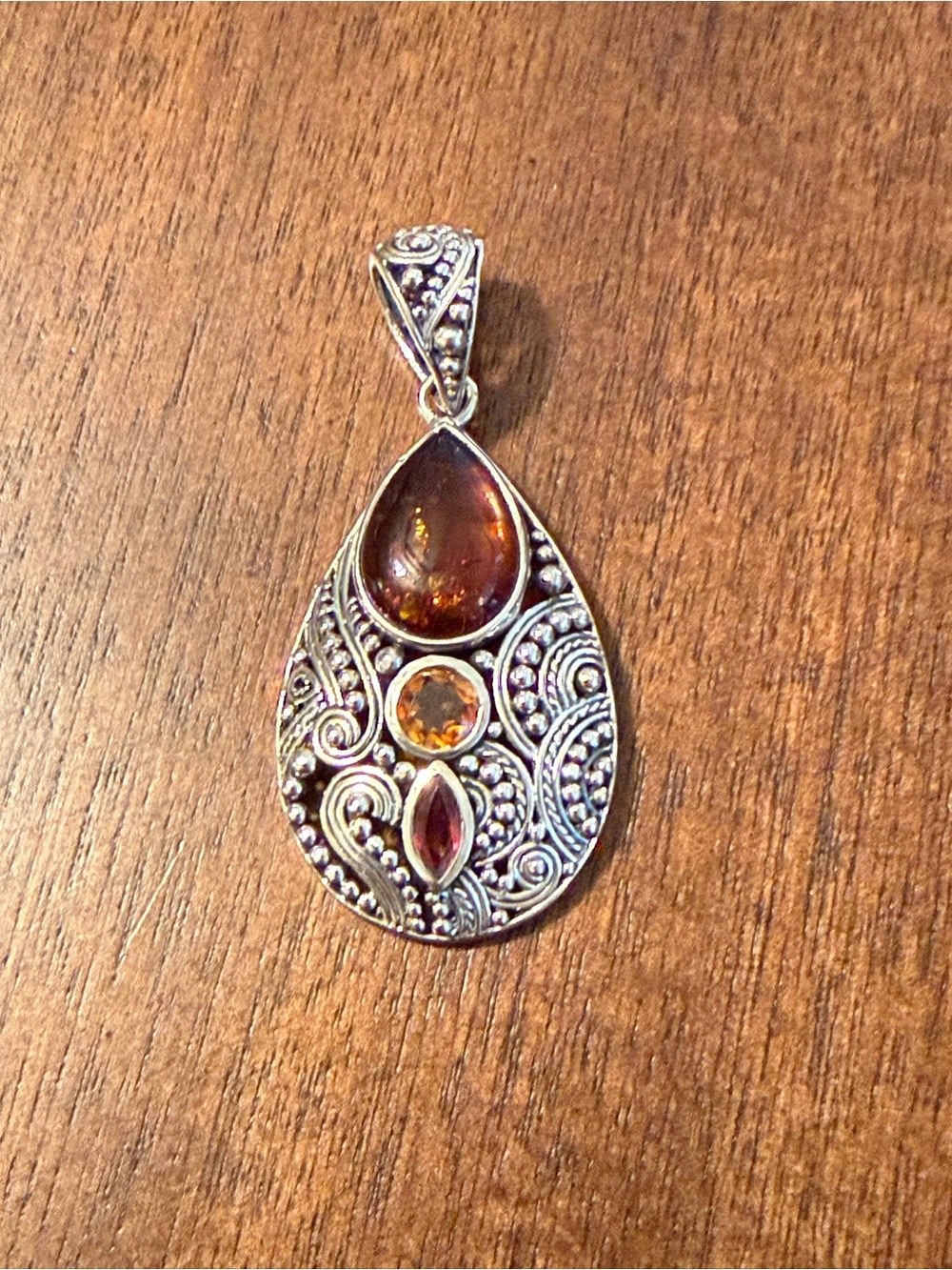 Sterling Teardrop Pendant Necklace with Amber and Citrine Accents - Brown
